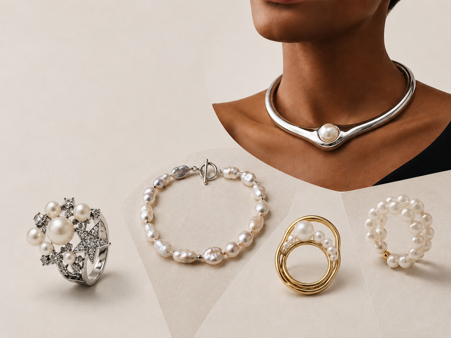 Contemporary pearl jewellery in sculptural silver, baroque and gold designs.