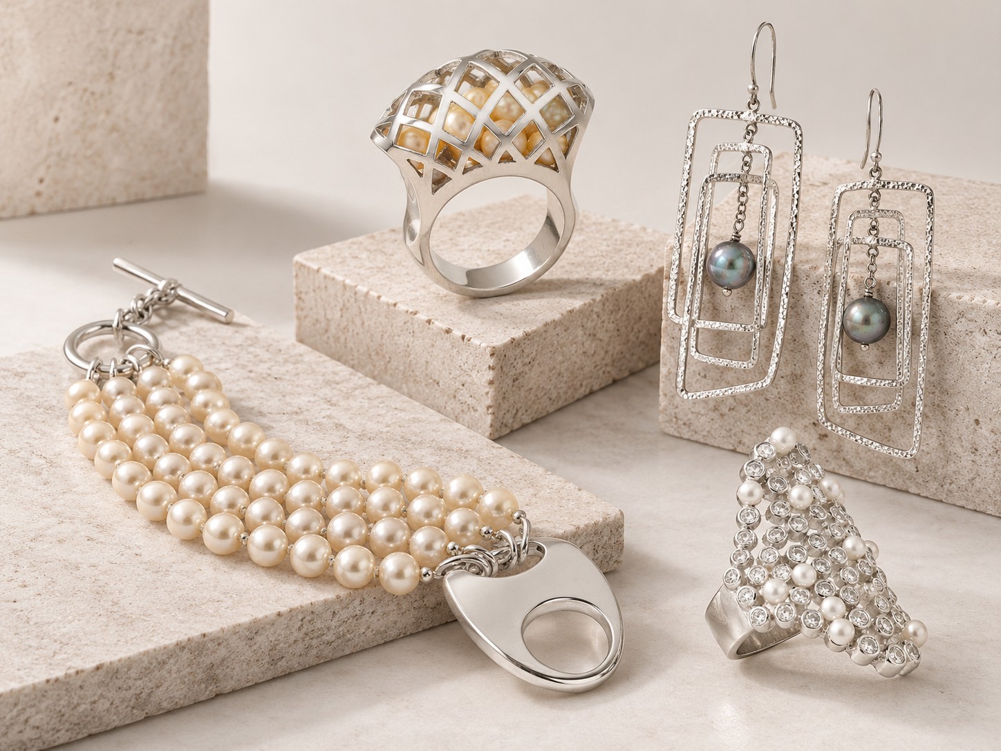 Contemporary pearl jewellery by Laurent Leger, including a sculptural pearl bracelet, pearl rings and geometric pearl earrings.