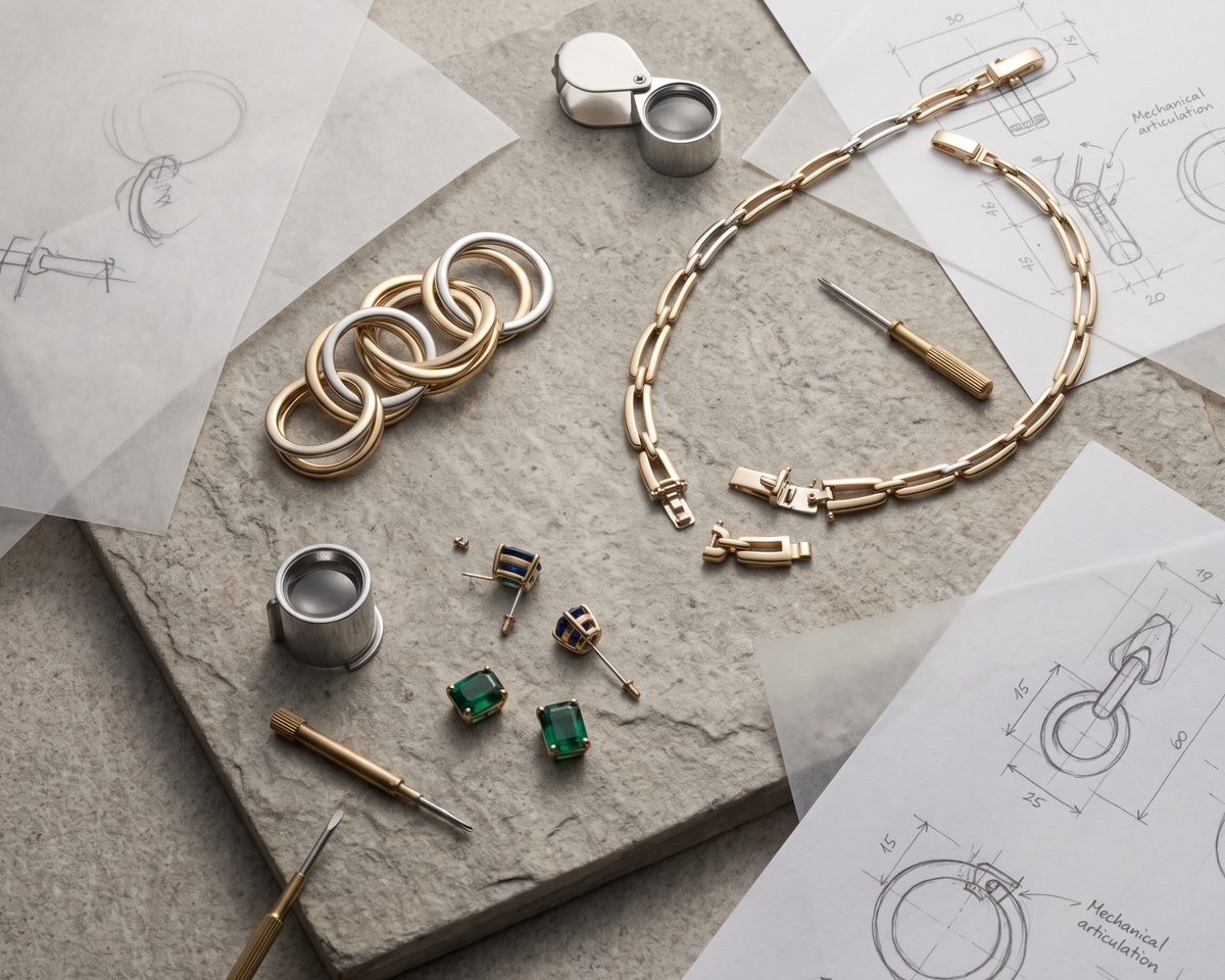 Conceptual jewellery design with interlocking rings, a linked necklace, interchangeable components and technical sketches.