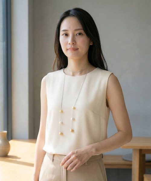 Woman wearing a minimalist pearl drop lariat in a neutral interior setting