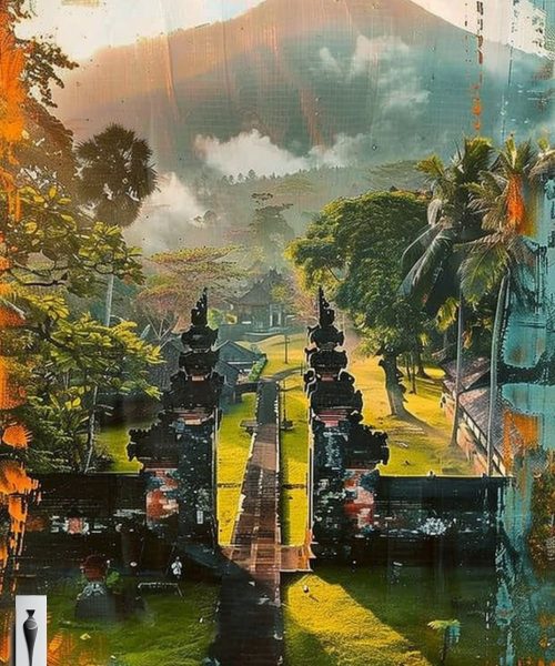 Traditional Balinese temple gate aligned with central pathway and mountain landscape in the background