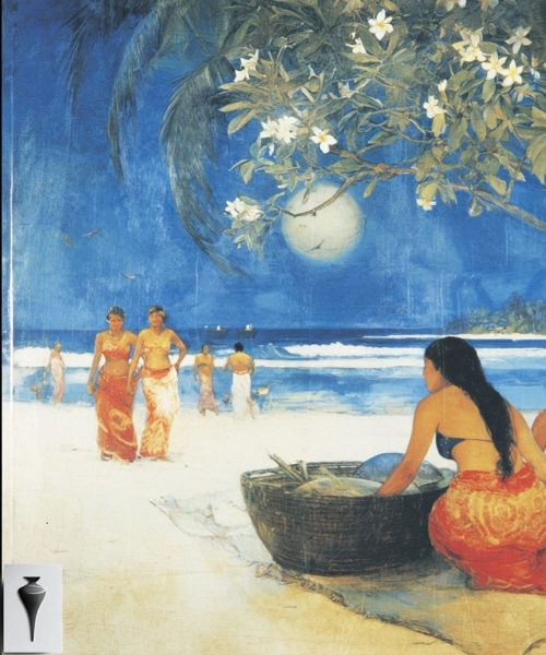 Balinese coastal scene with women in traditional attire