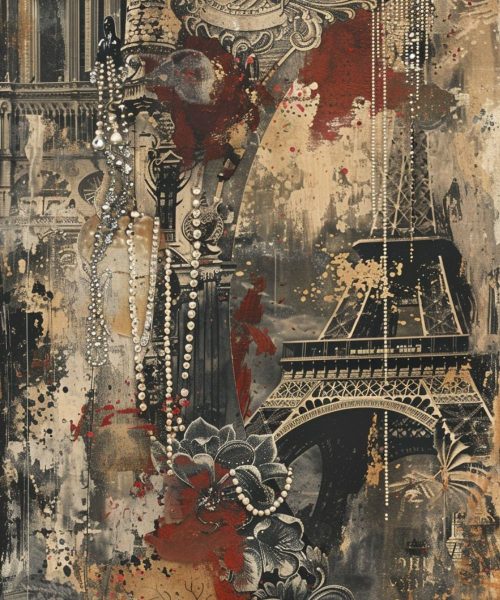 Mixed media collage combining Bali ornament, pearls, and Paris architectural elements