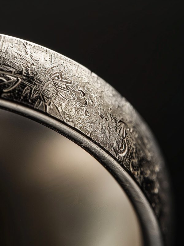Close-up of handcrafted silver ring showing refined surface texture